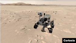 El rover Mars Perseverance de la NASA se muestra en su lugar de aterrizaje en el cráter Jezero en esta vista de la experiencia web 3D 'Explore with Perseverance'. [Foto: cortesía de la NASA].