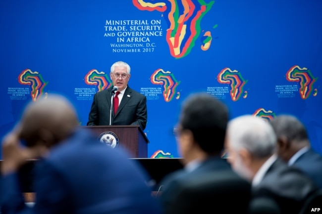 U.S. Secretary of State Rex Tillerson speaks during a meeting of African leaders at the State Department in Washington, Nov. 17, 2017.