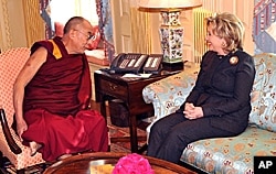 The Dalai Lama (left) talks with US Secretary of State Clinton in Washington, 18 Feb 2010