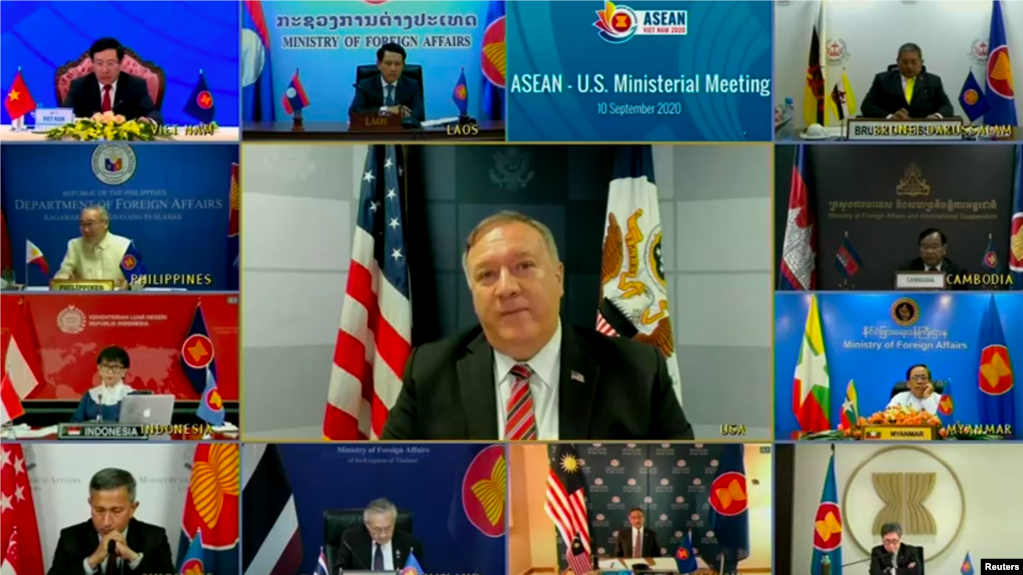 美国国务卿2020年9月9日通过视频出席东南亚联盟年度外长会议 (路透社转发视频截图)