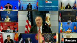 美國國務卿蓬佩奧2020年9月9日通過視頻出席東南亞聯盟年度外長會議（路透社轉發視頻截圖）