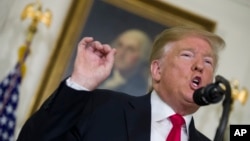 President Donald Trump speaks about the partial government shutdown, immigration and border security in the Diplomatic Reception Room of the White House, in Washington, Jan. 19, 2019.