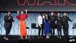 Josh Gad, Daisy Ridley, Kelly Marie Tran, Mark Hamill, Katheen Kennedy and Rian Johnson attend the Star Wars: The Last Jedi panel at the Orange County Convention Center, April 14, 2017, Orlando, Fla.