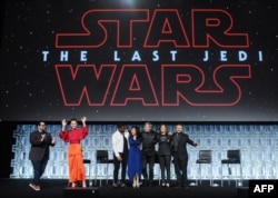 Josh Gad, Daisy Ridley, Kelly Marie Tran, Mark Hamill, Katheen Kennedy and Rian Johnson attend the Star Wars: The Last Jedi panel at the Orange County Convention Center, April 14, 2017, Orlando, Florida.