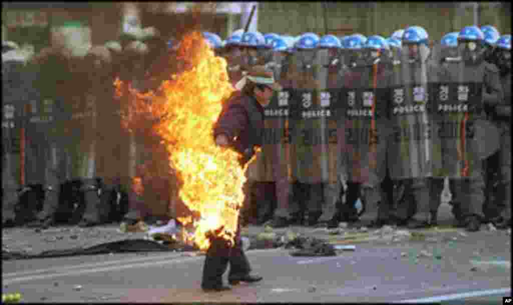 Chung Jae-Sung, a 34-year-old Hyundai Motor Company employee, is engulfed in flames as he self-immolates in the southern port city of Ulsan to protest South Korea's new labour law. Chung is in critical condition with burns on 90 percent of his body, Janua