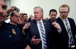 House Freedom Caucus Chairman Rep. Mark Meadows, R-N.C. speaks with the media on Capitol Hill in Washington, March 23, 2017, following a Freedom Caucus meeting.