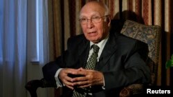 FILE - Advisor to the Pakistani Prime Minister on Foreign Affairs and National Security Sartaj Aziz is seen during an interview at the United Nations General Assembly in New York.