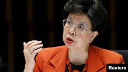 World Health Organization Director-General Margaret Chan addresses the delegates during the WHO Executive Board meeting in Geneva, Switzerland, Jan. 25, 2016.