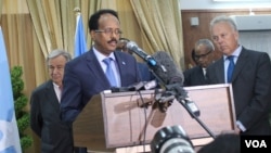 Somalia's newly-elected president, Mohamed Abdullahi Mohamed, known as Farmajo, speaks about the drought during a joint news conference in Mogadishu with U.N. Secretary-General Antonio Guterres, March 7, 2017. (Photo: Abdulkadir Mohamed Abdulle)