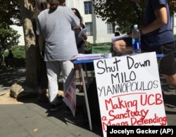 One of several flyers calling for protesters to "Shut Down Milo Yiannopoulos," at the University of California, Berkeley campus in Berkeley, California.