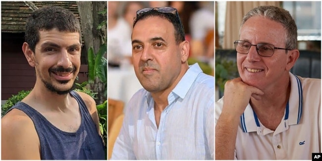 This combination of undated photos provided by Hostages Family Forum show Or Levy, Eli Sharabi and Ohad Ben Ami, all of whom were abducted and taken to Gaza on Oct. 7, 2023.