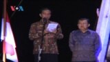 Jokowi menyampaikan pidato kemenangan di Pelabuhan Sunda Kelapa, Jakarta, Selasa (22/7).