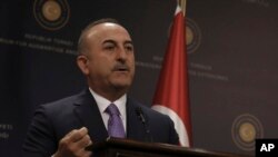 Turkey's Foreign Minister Mevlut Cavugoglu speaks during a news conference in Ankara, Turkey, July 24, 2019. 