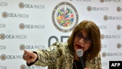 La portavoz de la MACCIH, Ana María Calderón, durante una conferencia de prensa en Tegucigalpa el 24 de septiembre de 2019.