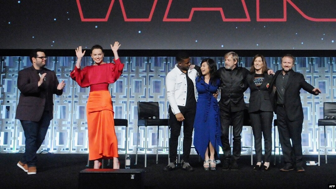 Josh Gad, Daisy Ridley, Kelly Marie Tran, Mark Hamill, Katheen Kennedy and Rian Johnson attend the Star Wars: The Last Jedi panel at the Orange County Convention Center, April 14, 2017, Orlando, Fla.