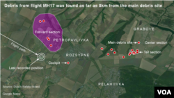 馬航MH-17航班在烏克蘭東部墜毀後﹐航機殘骸散布方圓。