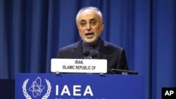 FILE - The head of Iran's nuclear program Ali Akbar Salehi speaks at an IAEA conference, at the International Center in Vienna, Austria, Sept. 16, 2019. 