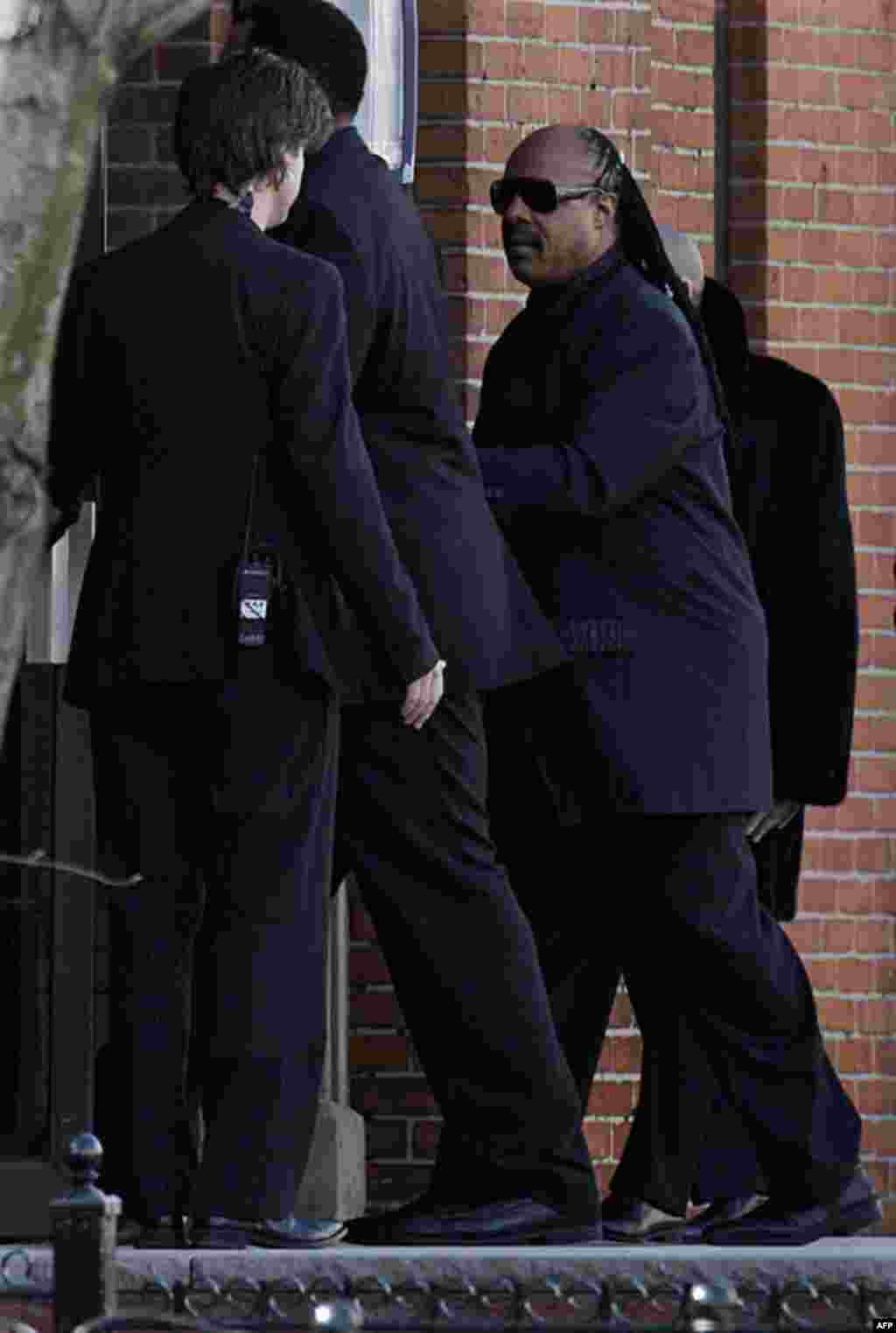 Stevie Wonder arrives at the funeral of singer Whitney Houston at New Hope Baptist Church in Newark, New Jersey, February 18, 2012. (AP)