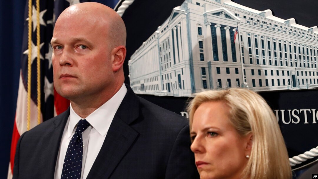 Acting Attorney General Matt Whitaker, left, and Homeland Security Secretary Kirstjen Nielsen, at the Justice Department in Washington.