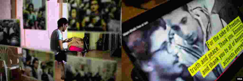 On the left, Nour Khalil says, &ldquo;Since I came out of jail it has been not easy to socialize. I have become more careful when I leave my home. I always tell someone I know where I&rsquo;m going in case something happens. Forced disappearance is very scary. Officially you don&rsquo;t exist.&rdquo; On the right, Khalil views an Amnesty International report about his family&rsquo;s arrest. &ldquo;One of the most effective ways to fight forced disappearance is to keep talking about it,&rdquo; he says on August 28, 2017. (H. Elrasam/VOA) &nbsp;