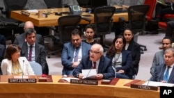 FILE - Palestinian Ambassador to the United Nations Riyad Mansour addresses United Nations Security Council at U.N. headquarters, March 25, 2024. The Security Council is reviewing the Palestinians' renewed bid for full membership.