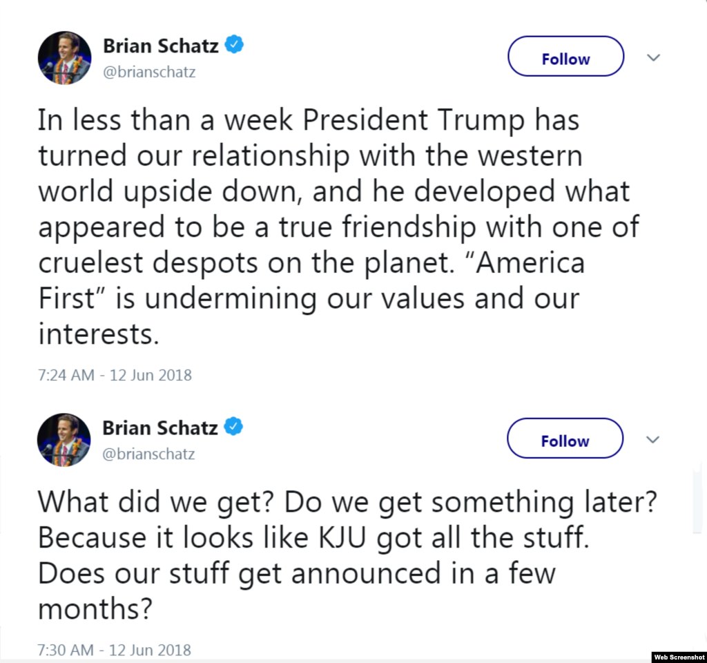 Hawaii's Sen. Brian Schatz said President Trump turned his back on Western allies, only to begin a friendship with "one of the cruelest depots on the planet."&nbsp; The Democrat also questioned what the U.S. gets from the deal.
