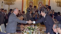 President Ronald Reagan, right, and Soviet General Secretary Mikhail Gorbachev on June 1, 1988, before a fourth day of talks in Moscow