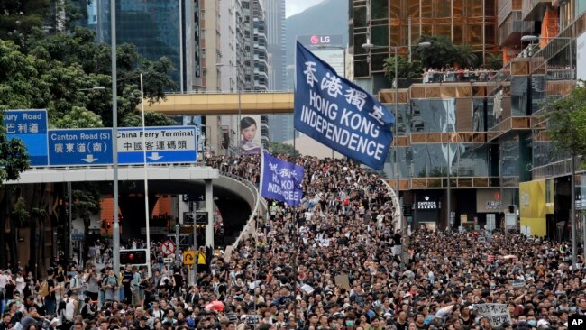 抗议者们手持旗帜在香港游行，要求香港独立。（2019年7月7日）