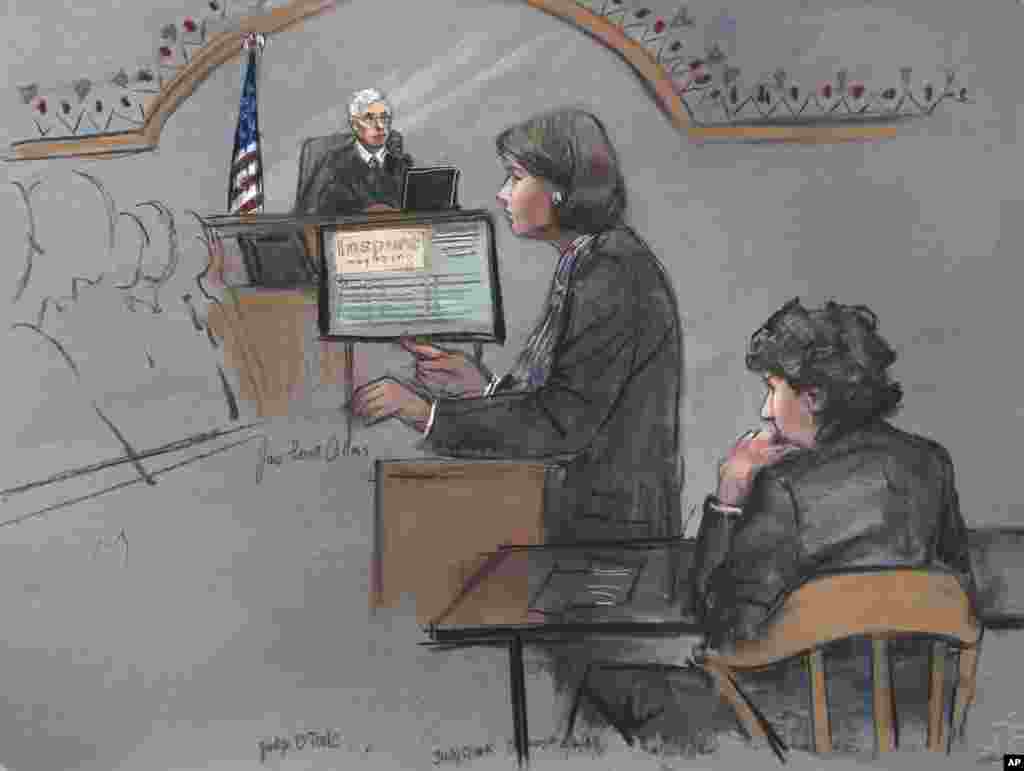 In this courtroom sketch, defense attorney Judy Clarke is depicted addressing the jury as defendant Dzhokhar Tsarnaev, right, sits during closing arguments in Tsarnaev's federal death penalty trial, April 6, 2015, in Boston. 