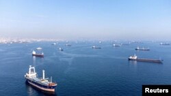 Komercijalni brodovi, uključujući brodove koji su dio ugovora o crnomorskom žitu, čekaju da prođu Bosforski moreuz pored obala u Istanbulu, Turska