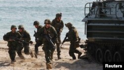 지난해 3월 한국 포항에서 합동 상륙훈련 중인 한국군과 미 해병대 병력. (자료사진)