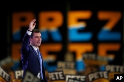 Democratic presidential candidate Pete Buttigieg speaks at a campaign rally, Feb. 22, 2020, in Denver.