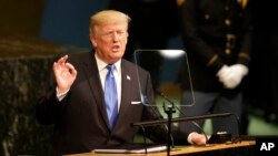 Tổng thống Mỹ Donald Trump phát biểu tại Đại hội đồng Liên Hiệp Quốc tại trụ sở Liên Hiệp Quốc ở New York, Mỹ, ngày 19 tháng 9, 2017.