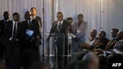 FILE - Maman Sambo Sidikou (C), former Nigerian politician, Special Representative for the Democratic Republic of Congo and Head of the United Nations Organisation Stabilization Mission in DRC (MONUSCO) speaks during the opening of a Congolese "National Dialogue" in the Democratic Republic of Congo's capital Kinshasa on September 1, 2016. 