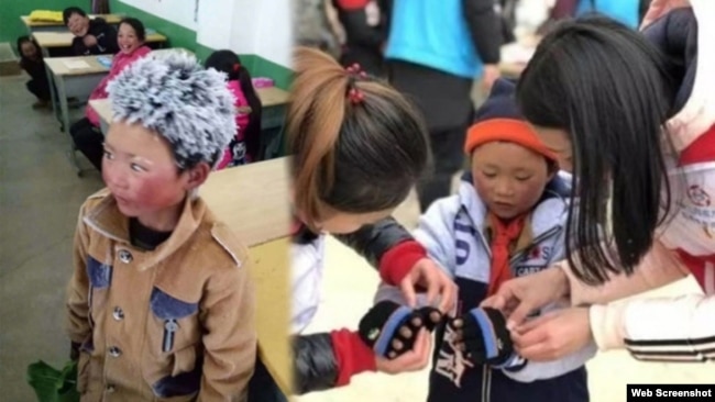 “冰花男孩”王福满。云南山区鲁甸的8岁小学生王福满身穿单薄的衣服攀爬山路走到学校，头发上结满了白白的冰花（微博图片）。这张照片传遍中国，也成为世界各大媒体最抢眼的新闻和图片，使王福满瞬间成为中国、甚至世界名人。