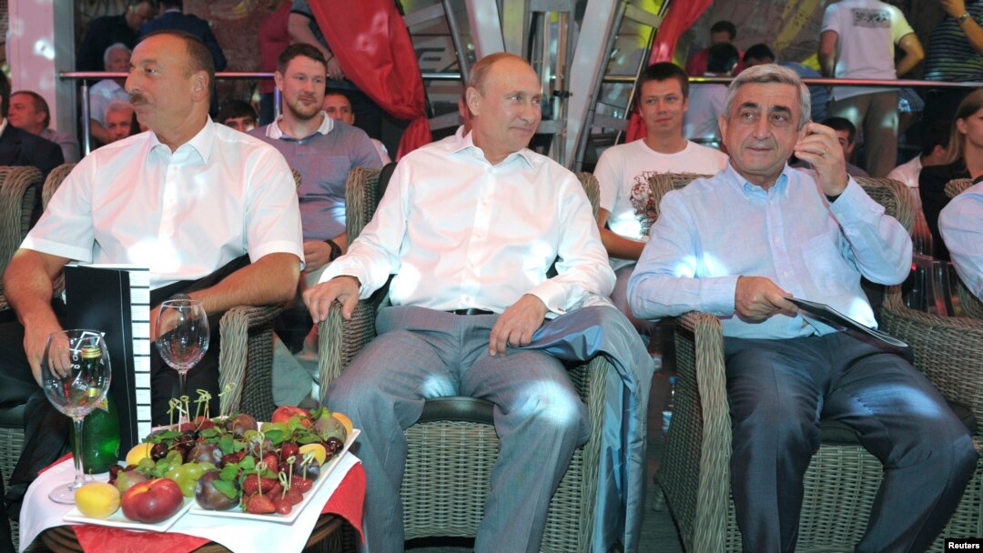 Presidents Vladimir Putin, Serzh Sargsyan and Ilham Aliyev