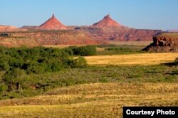 Seen in the distance are the twin buttes which gave the Bears Ears area its name. Courtesy, Department of the Interior