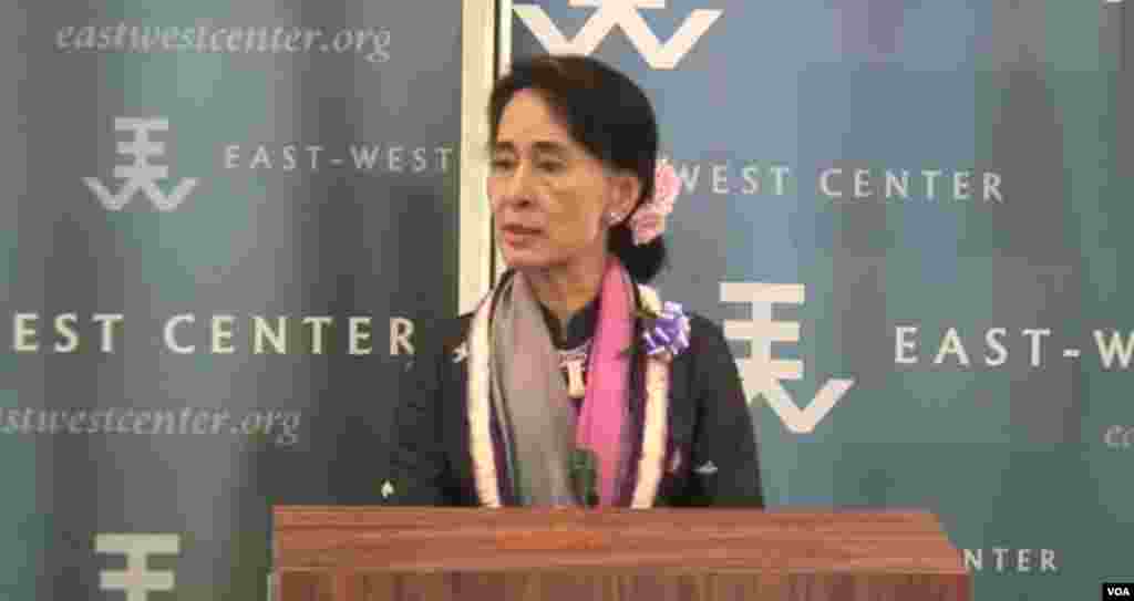 Nobel peace laureate Aung San Suu Kyi of Burma spoke to a group of Hawai'i community leaders at EWC on Jan. 25 about the remarkable changes occurring in her country, including her own release from years of house arrest and subsequent election to the count
