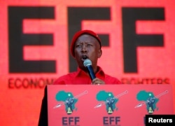 Julius Malema, leader of the opposition Economic Freedom Fighters (EFF) party addresses supporters at the party's final election rally ahead of the country's May 8 poll, in Johannesburg, South Africa, May 5, 2019.