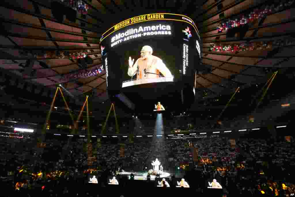 Prime Minister Narendra Modi of India gives a speech during a reception by the Indian community in honor of his visit to the United States, at Madison Square Garden, New York, Sept. 28, 2014. 