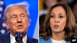 Esta combinación de fotos muestra al candidato presidencial republicano y expresidente Donald Trump, el 15 de agosto de 2024, en Bedminster, Nueva Jersey y a la candidata presidencial demócrata y vicepresidenta Kamala Harris en Raleigh, Carolina del Norte, 16 de agosto de 2024.