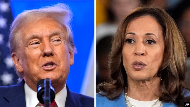 Esta combinación de fotos muestra al candidato presidencial republicano y expresidente Donald Trump, el 15 de agosto de 2024, en Bedminster, Nueva Jersey y a la candidata presidencial demócrata y vicepresidenta Kamala Harris en Raleigh, Carolina del Norte, 16 de agosto de 2024.