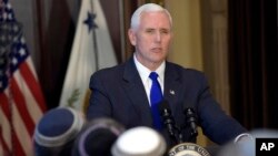 Vice President Mike Pence speaks in the Indian Treaty Room in the Eisenhower Executive Office Building at the White House complex in Washington, May 2, 2017, during a ceremony commemorating Israeli Independence Day. 