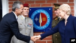 NATO Secretary-General Jens Stoltenberg (L) shakes hands with Lithuania's President Dalia Grybauskaite, after unveiling the NATO Force Integration Unit plaque on its headquarters building in Vilnius, Lithuania, Sept. 3, 2015.