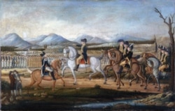 George Washington reviews the troops near Fort Cumberland, Maryland, before their march to suppress the Whiskey Rebellion in Pennsylvania circa 1795.
