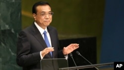 FILE - Chinese Premier Li Keqiang speaks during the 71st session of the United Nations General Assembly at U.N. headquarters, Sept. 21, 2016.
