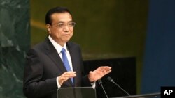 中国总理李克强在联合国大会上讲话。