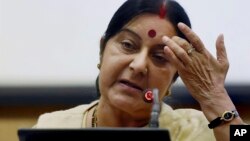 Indian External Affairs Minister Sushma Swaraj addresses a press conference in New Delhi, India, June 19, 2016.