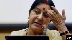 Indian External Affairs Minister Sushma Swaraj addresses a press conference in New Delhi, India, June 19, 2016.