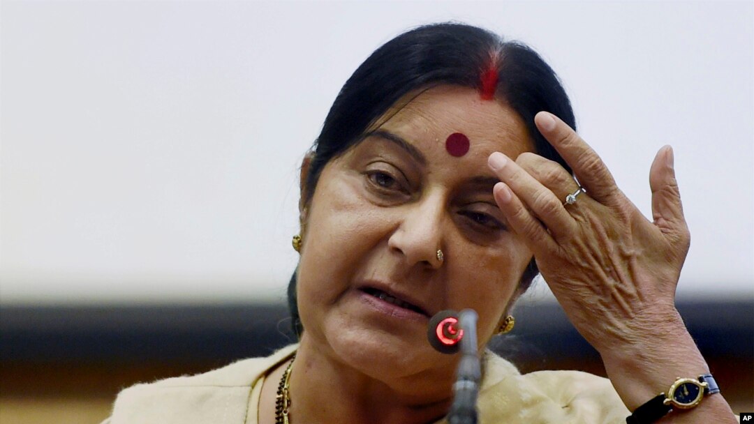 FILE - Indian External Affairs Minister Sushma Swaraj addresses a press conference in New Delhi, India, June 19, 2016.
